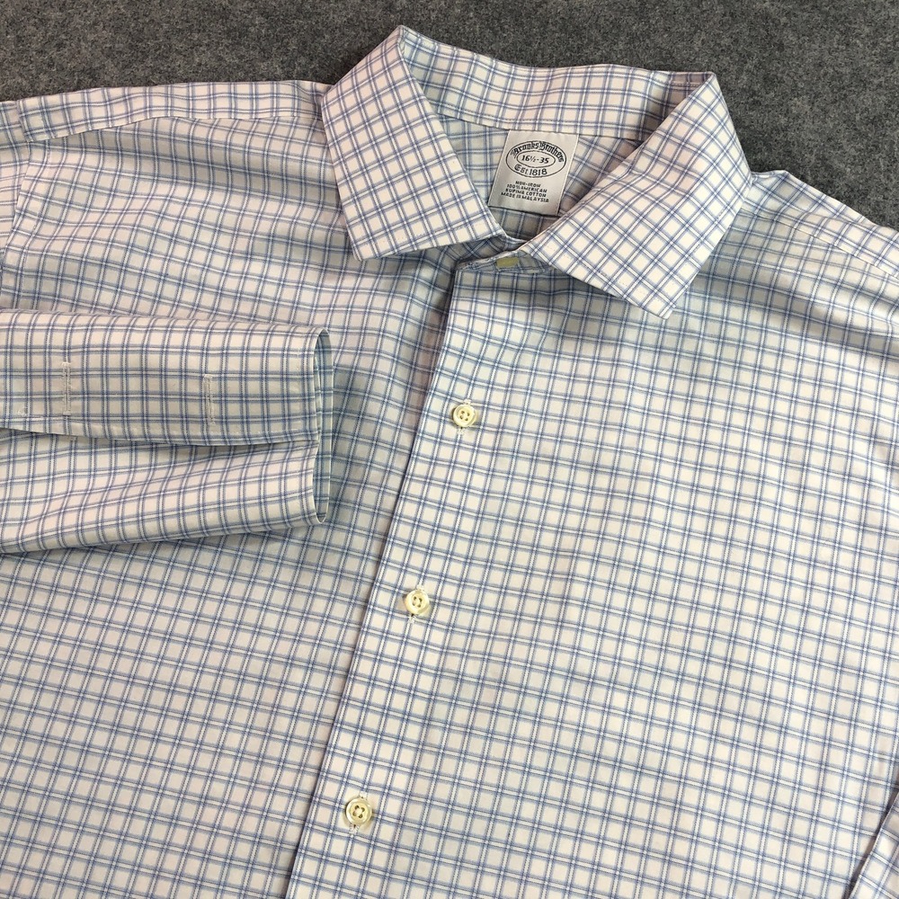 Brooks Brothers Mens Dress Shirt 16.5-35 Blue White Plaid Barrel Cuff Supima